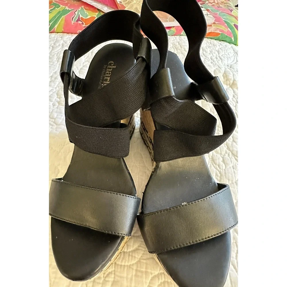 Charles by‎ Charles David Black Espadrille Wedge Sandals CC008 Elastic Straps 6M